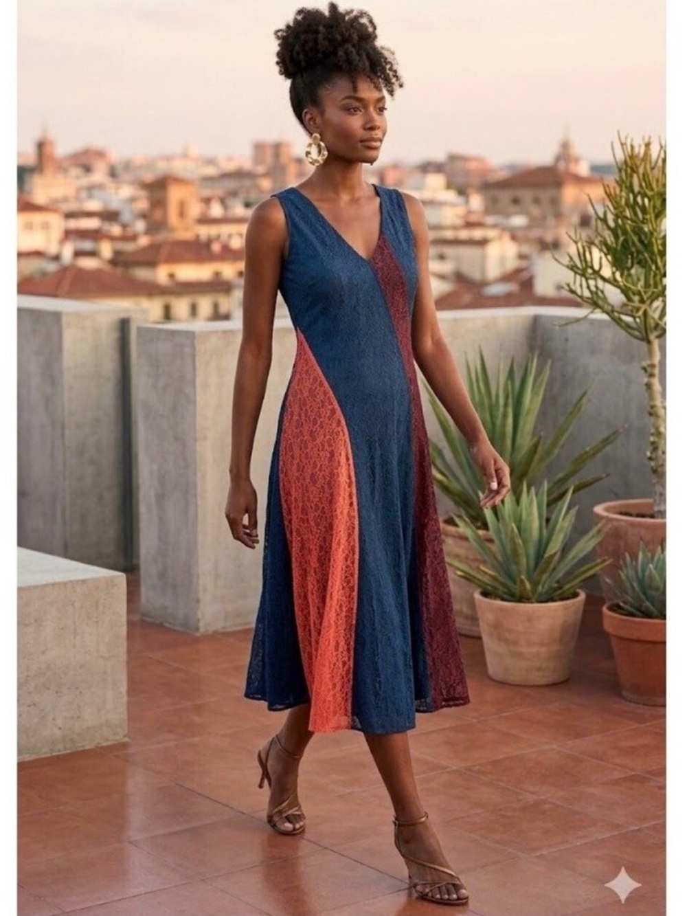 Tory Burch Iliana Panelled Lace Color Block Midi Dress